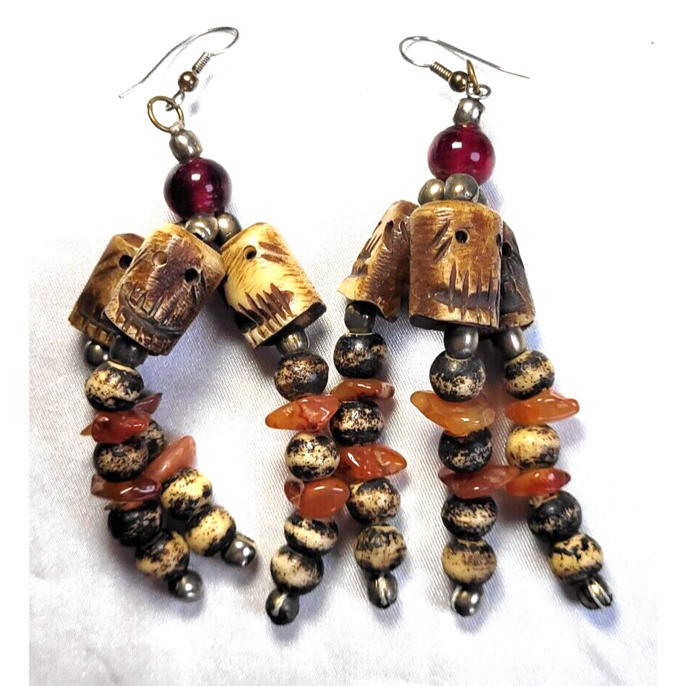 Ethnic Earrings Native Carved Skull Mala Tribal Agate Chips Dangle Boho Goth 4" - Picture 5 of 7